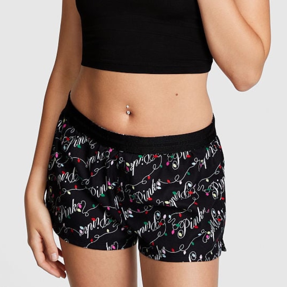 Victoria's Secret PINK Flannel Boxy Pajama Shorts Black Holiday Logo Lights XS N
